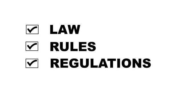 Compliance  Law Rules Regulations Checklist Clipboard Animation 4K. Checklist law rules and regulations Banner writing text corporate compliance. 