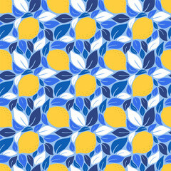 Blue yellow mediterranean style lemon seamless pattern. Italian citrus coastal summer background design. EPS 10 vector wallpaper.