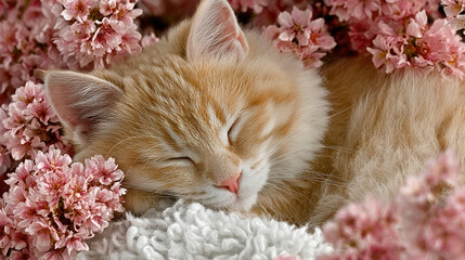 Fluffy ginger kitten sleeping peacefully surrounded by soft pink blossoms and cozy texture