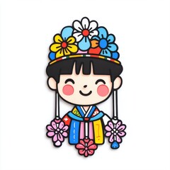 Cute Cartoon Character with Floral Headpiece and Traditional Costume