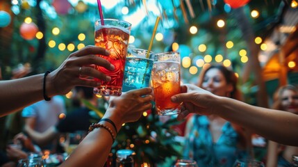 A diverse group of friends enthusiastically toasts with colorful cocktails at a lively outdoor party at night, their hands meeting in celebration under the warm, festive glow of string lights