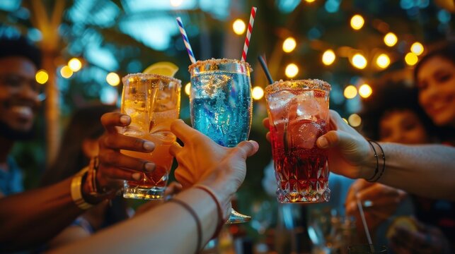 A diverse group of friends enthusiastically toasts with colorful cocktails at a lively outdoor party at night, their hands meeting in celebration under the warm, festive glow of string lights
