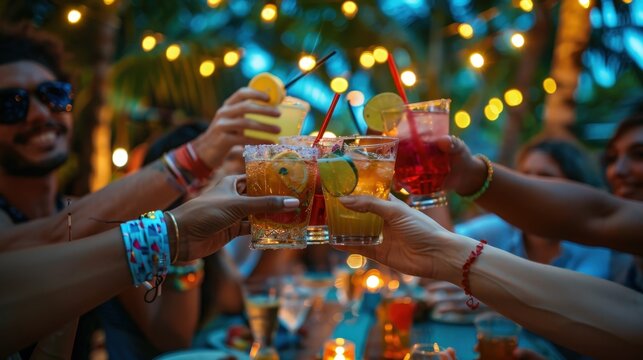 A diverse group of friends enthusiastically toasts with colorful cocktails at a lively outdoor party at night, their hands meeting in celebration under the warm, festive glow of string lights