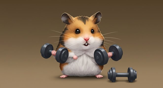 Adorable hamster soul�ve halt�res poids l�gers lumi�re douce dessin num�rique. AI Generated