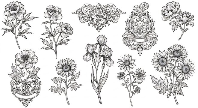 Fleurs elegantes dessin�es ligne nette style vintage decoratif parfait. AI Generated