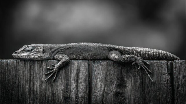 Close-up grayscale lizard on weathered wood