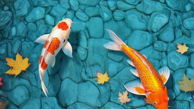 Colorful koi fish swimming on turquoise water with fallen leaves  