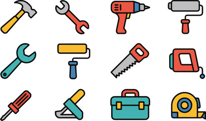 Colorful Line Icons of Various Hand Tools and Equipment