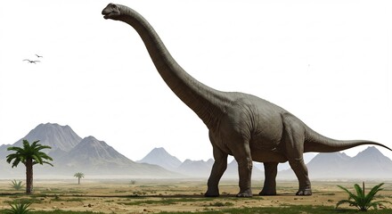 Obraz premium Dinosaure g�ant majestueux se dresse paysage aride lumi�re douce matinale. AI Generated