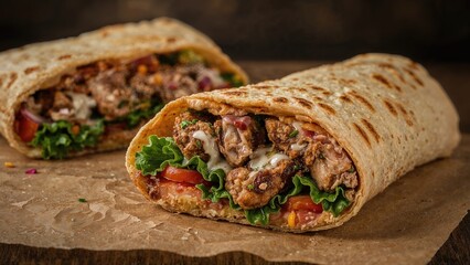 meat dÃ¼rÃ¼m wrap filled with grilled chicken, lettuce, tomato, and sauce on parchment paper with rustic background