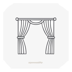 Drapes Outline Icon: Elegant stage curtains drawn. Decorative window dressings for home interior design, theater performance, stage productions.