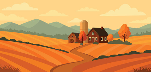 Autumn landscape with farm and fields. Abstract rural scene.
