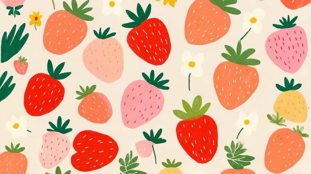 Colorful illustrated strawberries on beige background with flowers  