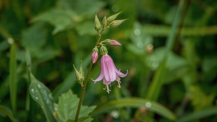 Elegant pink columbine flower surrounded by lush greenery in summer