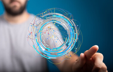 Abstract image of a person interacting with a digital network, showcasing technology and connection.