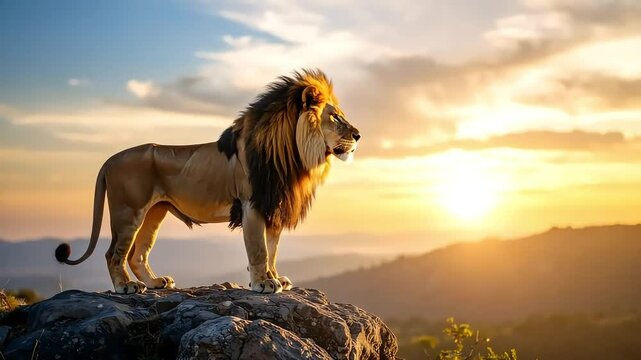 Majestic lion standing on rocky outcrop during sunrise with golden light illuminating mane and landscape