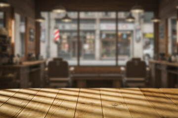 Cozy, stylish interior of modern men's barber shop with sunlight streaming through windows, bright and welcoming hair salon atmosphere , grooming and lifestyle concepts.  Space for product placement.