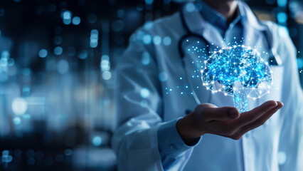 Doctor Holding Digital Brain, Symbolizing AI in Healthcare and Medical Innovation