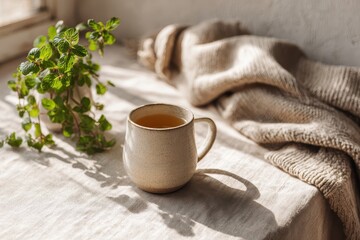 Cozy Tea Moment with Warm Mug and Fresh Green Mint on Table