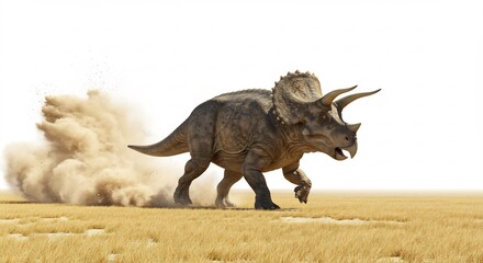 Fototapeta premium Dusty Triceratops charges across sun-baked plains. AI Generated