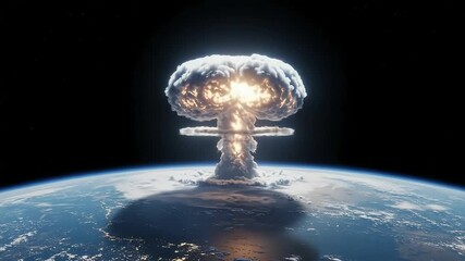 Massive Nuclear Explosion Creating Mushroom Cloud Over Earth with Bright Flash and Smoke Plume in Space - Powered by Adobe