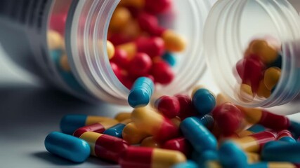 Vibrant pharmaceutical capsules cascading from transparent bottle, falling onto pristine white surface with precise symmetry and colorful medical composition - Powered by Adobe