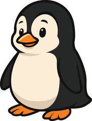Editable cartoon vector illustration of a cute baby penguin with a happy expression, black and white body, orange beak and feet. Ideal for kid’s books, educational materials, winter-themed designs.