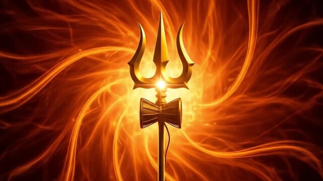 Golden Trident and Damaru Symbol with Fiery Orange Swirling Energy Background, Representing Spiritual Power and Cosmic Force