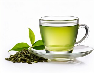 clear drinking glass and saucer green tea coffee tea production sri lanka food isolated on white background