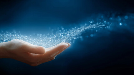 Data Flow in Hand: A gentle hand cradles a flowing stream of digital data, symbolizing the flow of information and the power of technology in the digital age.