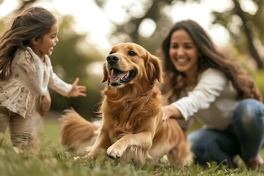 Happy family playing with golden retriever dog outdoors in park having fun together