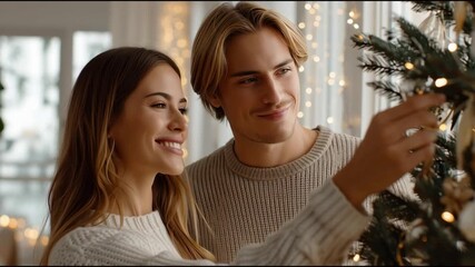 A couple joyfully decorating a Christmas tree together, capturing the essence of holiday cheer and togetherness in a cozy setting.