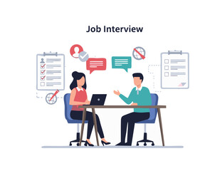 Job interview illustration showing a candidate with interviewer, recruitment process for human resources and career opportunity.