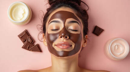 Young woman enjoying melted chocolate mask on pink background, top view