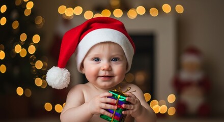 Adorable baby joyfully holds gift warm Christmas lights. AI Generated