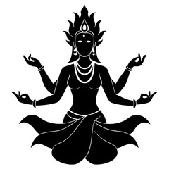 A black silhouette of a seated goddess with multiple arms in a meditative pose, isolated on white background