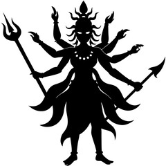 A powerful silhouette of the hindu goddess durga, depicted with multiple arms and holding weapons, symbolizing divine strength and protection