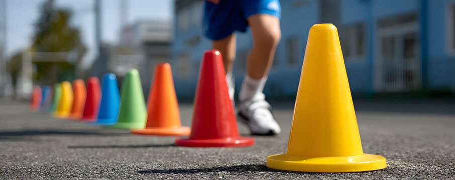 Child running agility course, colorful cones in focus. Represents childhood, growth, development, competition, and success. Ideal for education, sports, fitness themes.