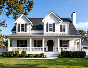 A charming modern farmhouse stands proudly under a clear blue sky on a sunny day.