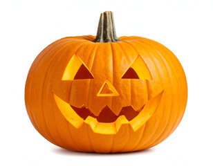 Fototapeta premium A classic glowing Jack-o'-lantern with a carved smile radiates warmth on a white background.