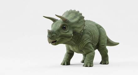 Cute Trike Dinosaur model poses playfully against bright white background. AI Generated