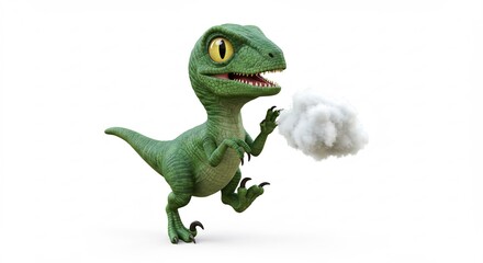 Fototapeta premium Petit dinosaure vert souffle nuage blanc lumiere douce. AI Generated