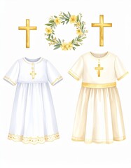 Watercolor Christening Gowns with Gold Crosses and Floral Wreath