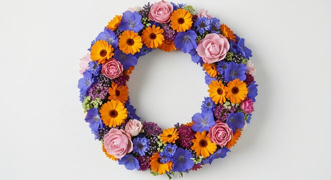 Levendige bloemenkrans warme kleuren zacht licht. AI Generated