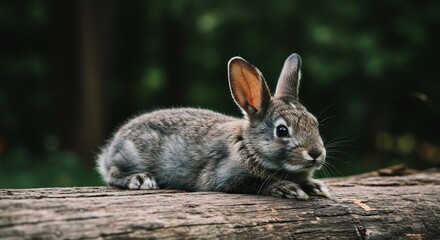 Fototapeta premium 森閑とした緑の中で 静かに佇む 小さな野ウサギ 柔らかな光を浴びて. AI Generated