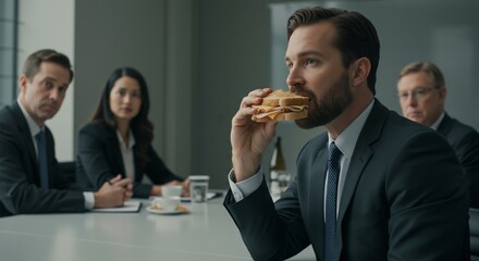 真剣な会議中、男性がサンドイッチを静かに食べる。柔らかな自然光が会議室を照らす。. AI Generated
