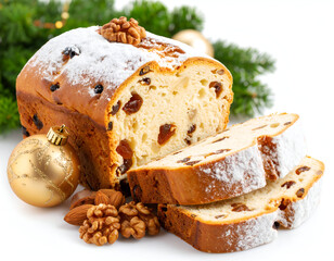 Delicious traditional fruit bread dusted with powdered sugar and festive holiday decorations.