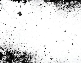 Dramatic black and white grunge overlay texture with scattered dust and dark ink blotches