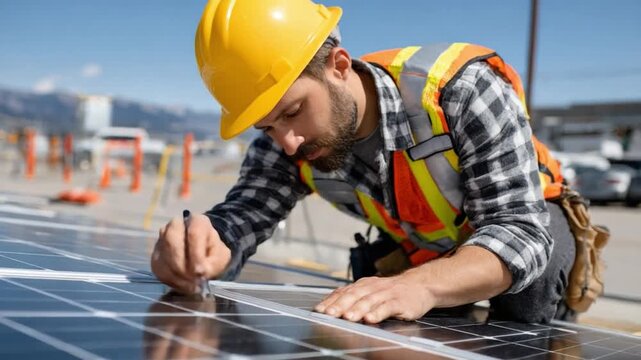 Renewable Energy Technician Inspecting Solar Panels: An industrious technician, clad in protective gear, meticulously inspects and marks solar panels.