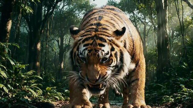 Ferocious Tiger Roaring and Charging Through Lush Green Jungle Environment